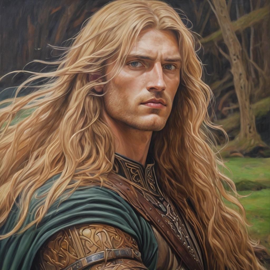 Image with seed 2588772366 generated via Stable Diffusion through @stablehorde@sigmoid.social. Prompt: Pre-Raphaelite oil painting of a young Celtic warrior with long blond hair