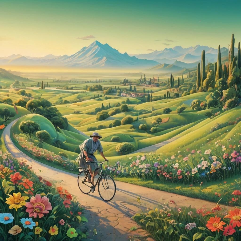 Image with seed 1857634713 generated via Stable Diffusion through @stablehorde@sigmoid.social. Prompt: a bicycle ride at sunrise amid a green landscape with flowers and trees and mountains on the horizon in the genre of surrealism in the style of Salvador Dali