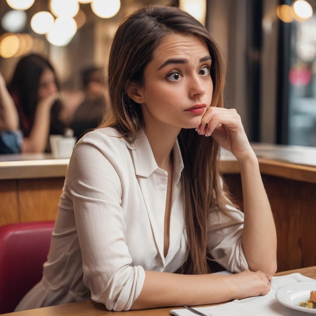 Image with seed 3475567331 generated via Stable Diffusion through @stablehorde@sigmoid.social. Prompt: a women on a first date and she is very bored.