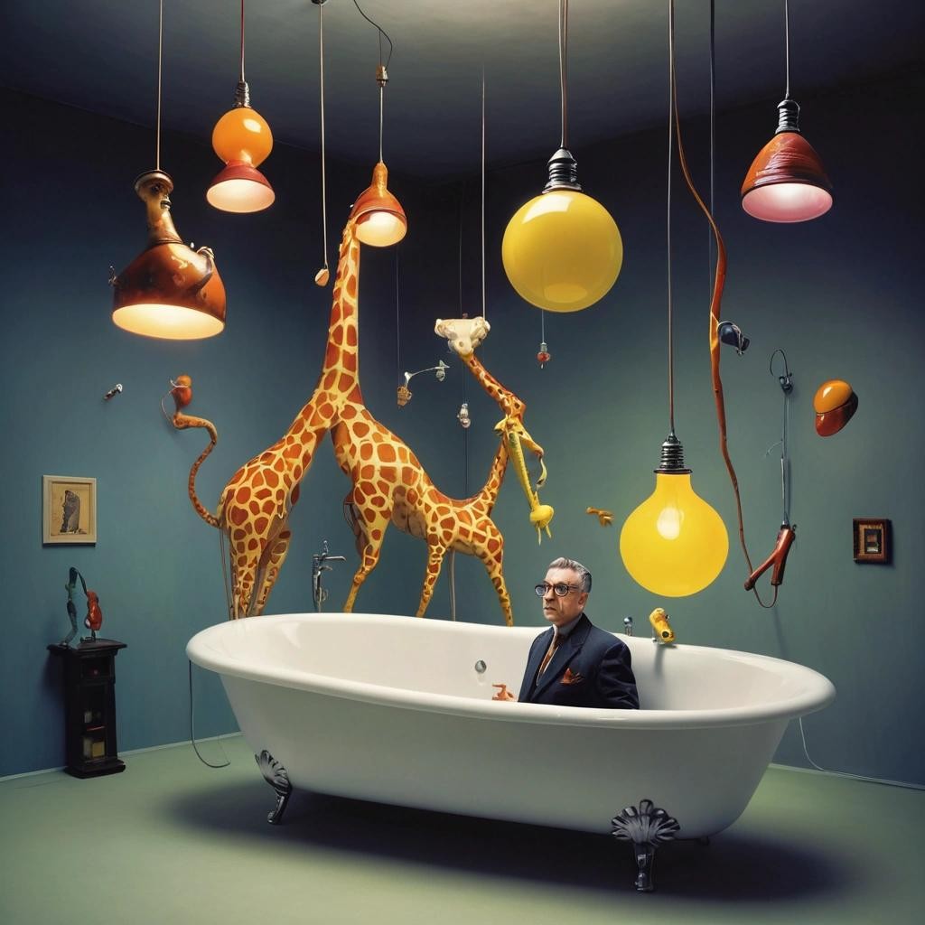 Image with seed 2786646772 generated via Stable Diffusion through @stablehorde@sigmoid.social. Prompt: Question: How many surrealists do you need to change a lightbulb? Long Answer: You need three surrealists. One to change the lightbulb, one to hold the giraffe, and one to fill the bathtub with colourful glowing objects. Short Answer: A fish.
