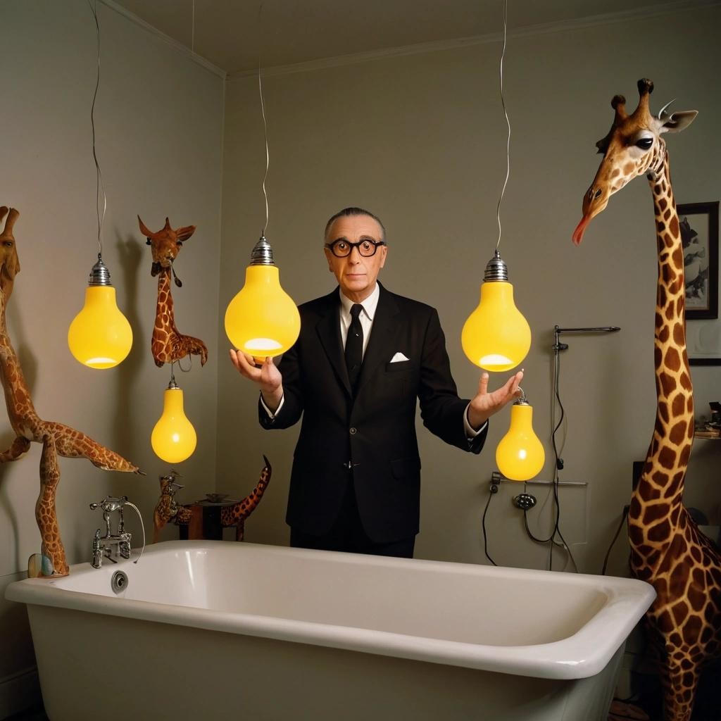 Image with seed 2596979183 generated via Stable Diffusion through @stablehorde@sigmoid.social. Prompt: Question: How many surrealists do you need to change a lightbulb? Long Answer: You need three surrealists. One to change the lightbulb, one to hold the giraffe, and one to fill the bathtub with colourful glowing objects. Short Answer: A fish. 