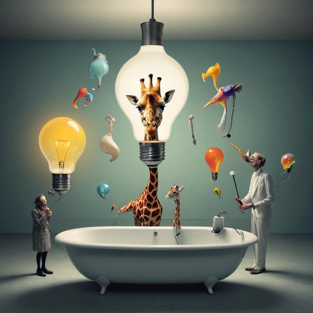 Image with seed 2989062478 generated via Stable Diffusion through @stablehorde@sigmoid.social. Prompt: Question: How many surrealists do you need to change a lightbulb? Long Answer: You need three surrealists. One to change the lightbulb, one to hold the giraffe, and one to fill the bathtub with colourful glowing objects. Short Answer: A fish. 