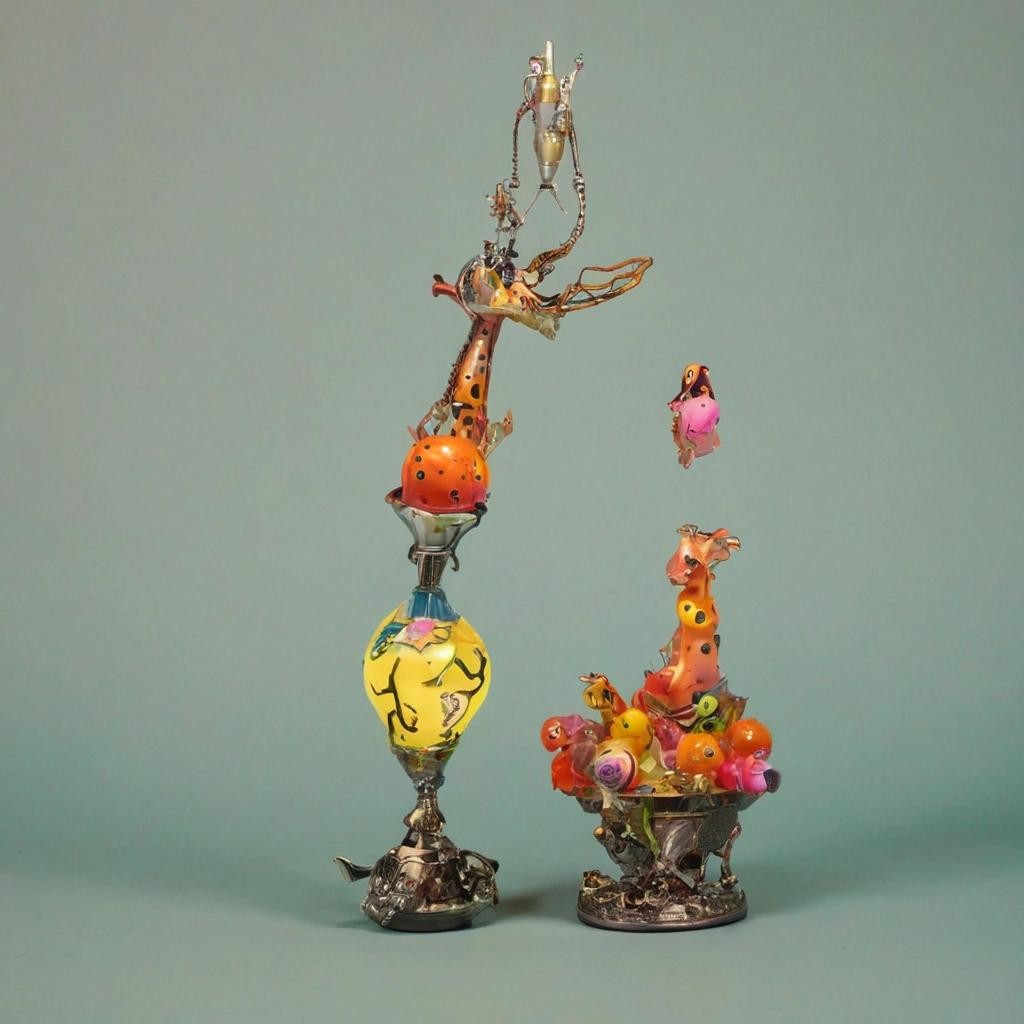 Image with seed 376196322 generated via Stable Diffusion through @stablehorde@sigmoid.social. Prompt: Question: How many surrealists do you need to change a lightbulb? Long Answer: You need three surrealists. One to change the lightbulb, one to hold the giraffe, and one to fill the bathtub with colourful glowing objects. Short Answer: A fish. 