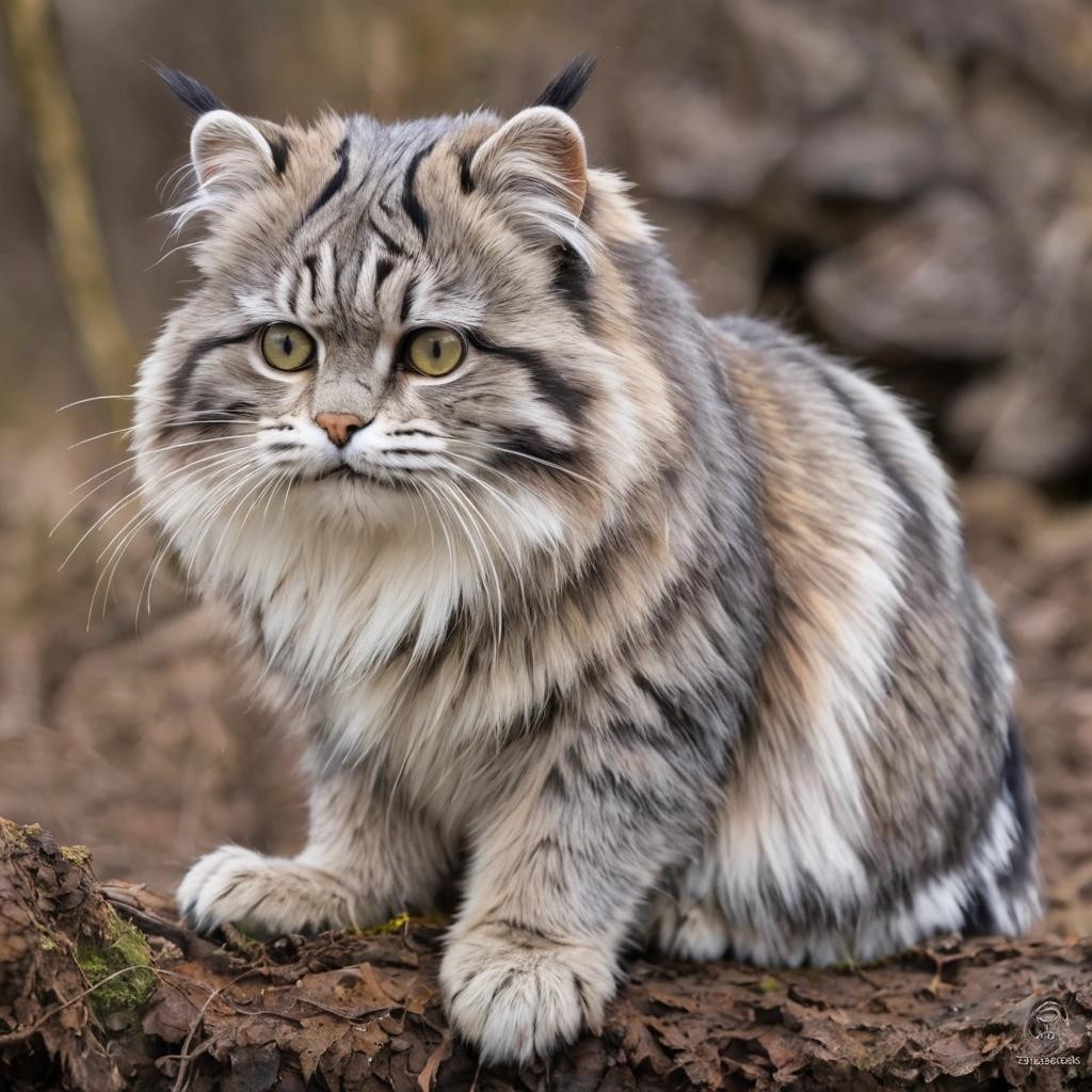 Image with seed 1998788857 generated via Stable Diffusion through @stablehorde@sigmoid.social. Prompt: The Pallas's cat (Otocolobus manul), also known as the manul, is a small wild cat with long and dense light grey fur, and rounded ears set low on the sides of the head. Its head-and-body length ranges from 46 to 65 cm (18 to 26 in) with a 21 to 31 cm (8.3 to 12.2 in) long bushy tail. It is well camouflaged and adapted to the cold continental climate in its native range, which receives little rainfall and experiences a wide range of temperatures.