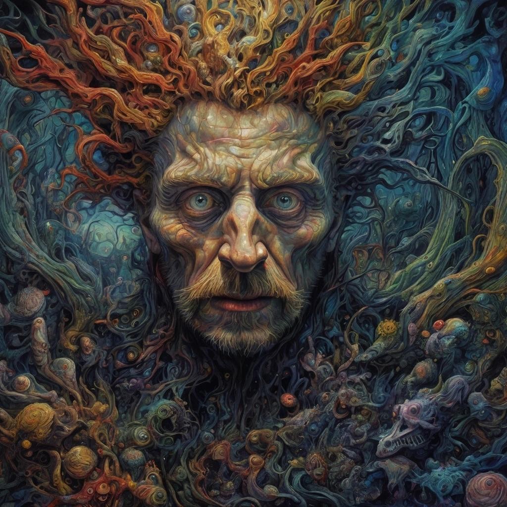 Image with seed 1424604036 generated via Stable Diffusion through @stablehorde@sigmoid.social. Prompt: Deep Mental Trauma.highly detailed, sharp focus, intricate, fantastic view, hyperrealistic, colourful, surrealism, creepy, surreal, dark fantasy, Vincent van Gogh, Tim Burton, Gustav Dore, Albrecht Dürer, Cameron Gray