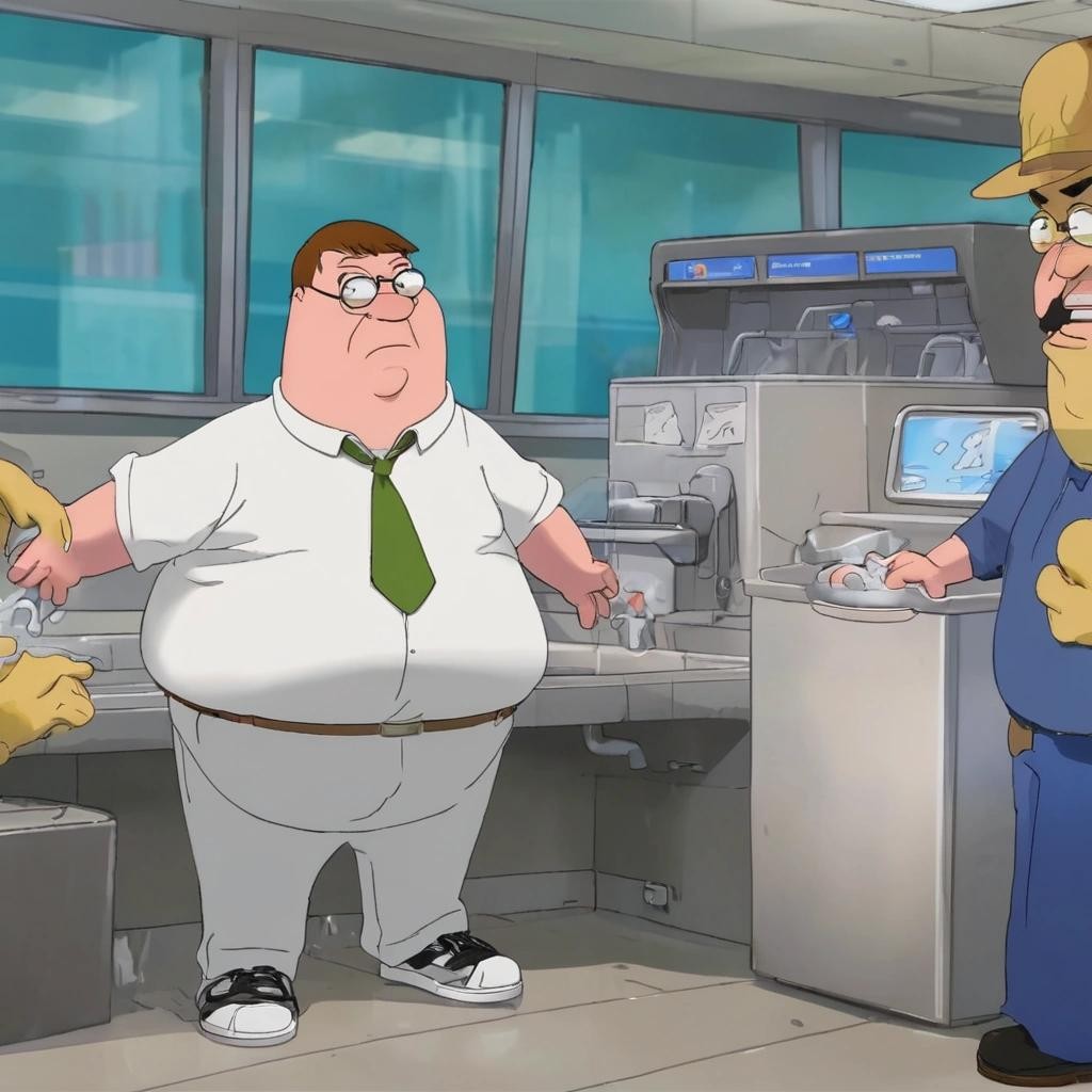 Image with seed 1704835759 generated via Stable Diffusion through @stablehorde@sigmoid.social. Prompt: Peter Griffin in an airport trying to wash his hands.(actually wanted a video)