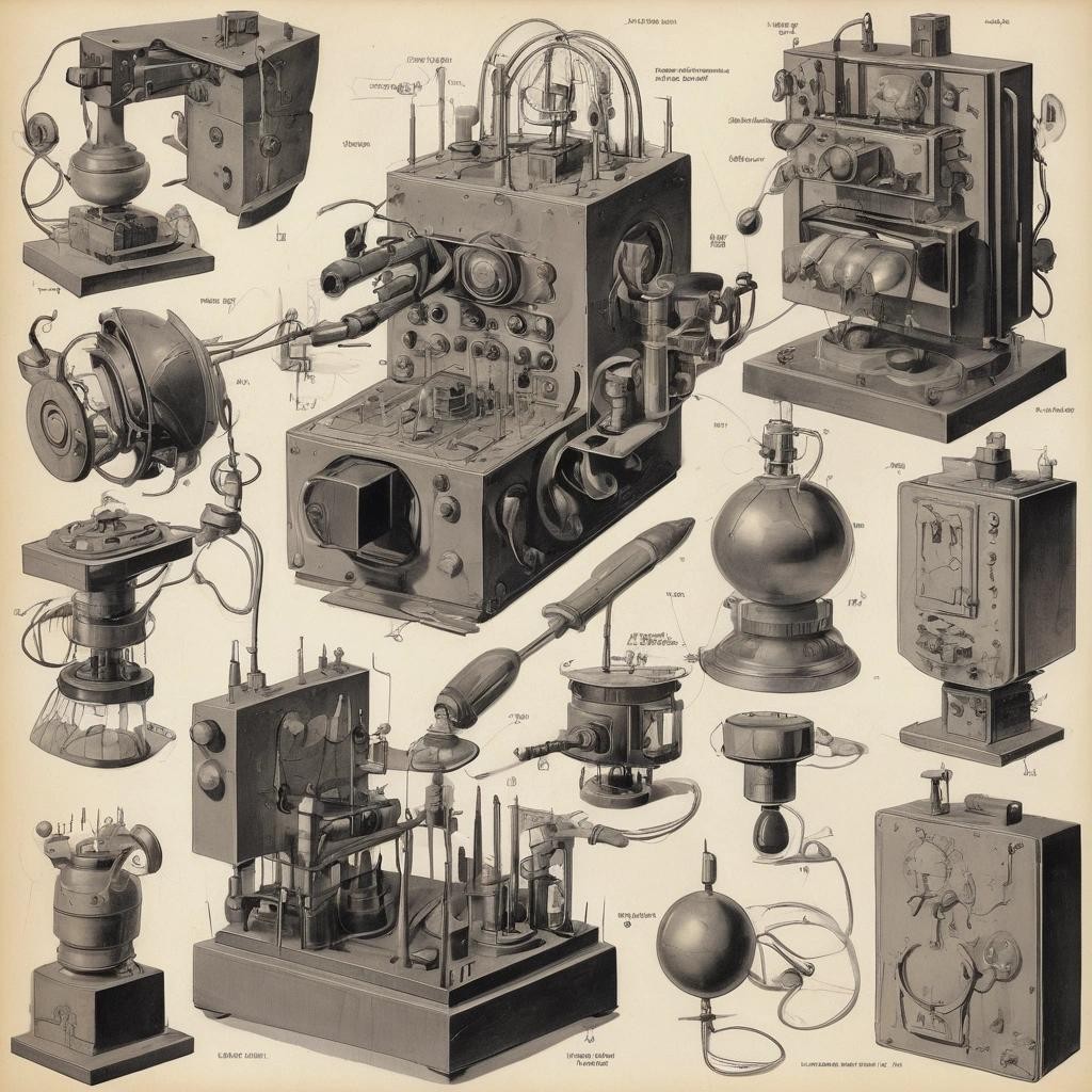 Image with seed 825874264 generated via Stable Diffusion through @stablehorde@sigmoid.social. Prompt: extraordinary artifacts from elsewhere that seem to serve some purpose but actually don&#39;t, dada, surrealism, technical manual illustration, #elektrodada