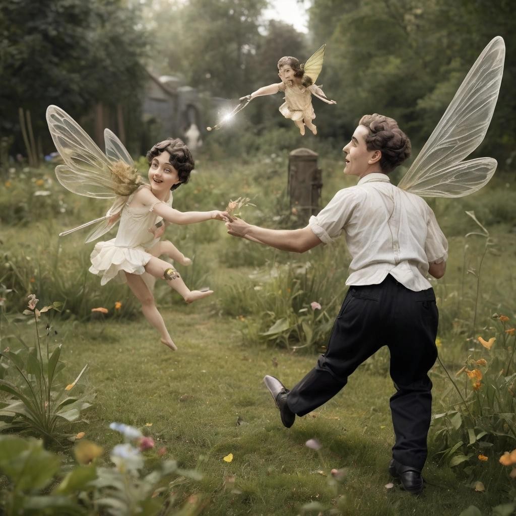 Image with seed 3575677814 generated via Stable Diffusion through @stablehorde@sigmoid.social. Prompt: a realistic charles chaplin playing with a fairy