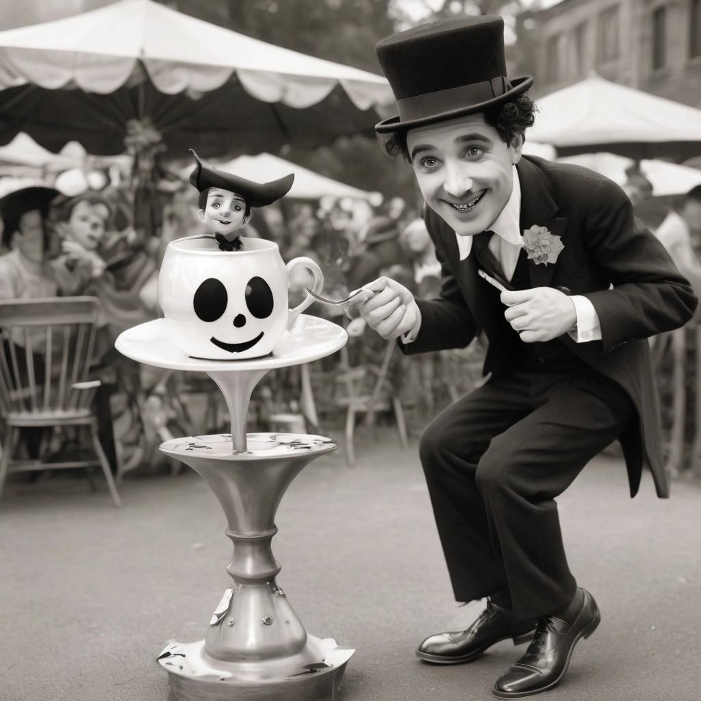 Image with seed 480817291 generated via Stable Diffusion through @stablehorde@sigmoid.social. Prompt: a photo realistic charles chaplin with a cup hat playing with a fanatasy cartoon fairy