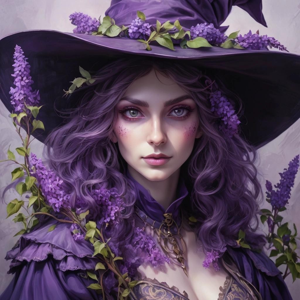 Image with seed 2167589291 generated via Stable Diffusion through @stablehorde@sigmoid.social. Prompt: A portrait of a fantasy witch wearing a purple pointy hat adorned with lilacs, perfect face, beautiful eyes, in the style of Rembrandt