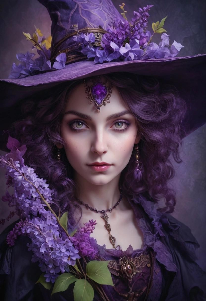 Image with seed 2797840339 generated via Stable Diffusion through @stablehorde@sigmoid.social. Prompt: A portrait of a fantasy witch wearing a purple pointy hat adorned with lilacs, perfect face, beautiful eyes, in the style of Rembrandt 