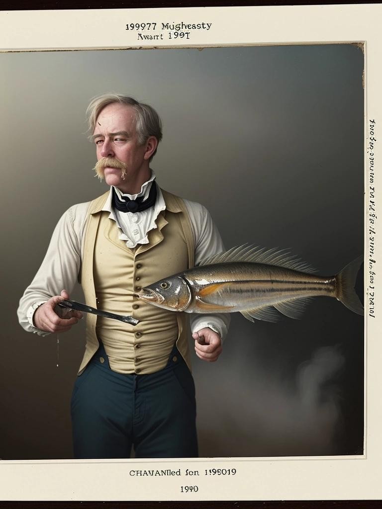 Image with seed 824540736 generated via Stable Diffusion through @stablehorde@sigmoid.social. Prompt: yellowed old photo, damaged, light leaks, early 19th century dust, scratches, award winning masterpiece, foggy, a man being hit with a wet fish . vintage yearbook photograph, analog###color,