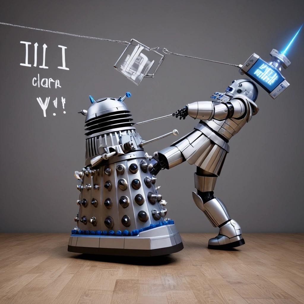 Image with seed 3543807815 generated via Stable Diffusion through @stablehorde@sigmoid.social. Prompt: An robotic (artificial intelligence:1.1) a Dalek being kicked over by a Cyberman, birthday theme, (the words "1 year":1.35), science fiction
