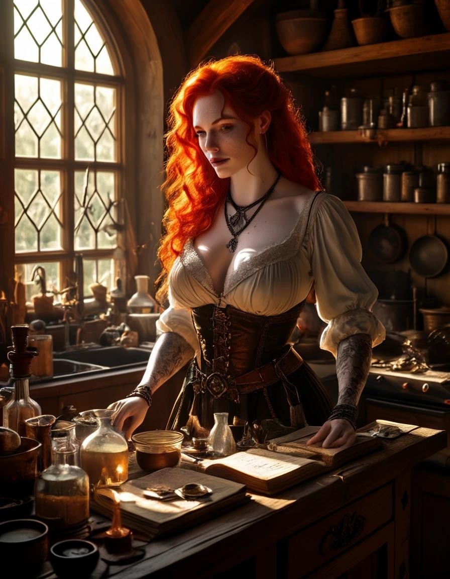 Image with seed 3732164977 generated via Stable Diffusion through @stablehorde@sigmoid.social. Prompt: A pale-skinned redhead, voluptuous, youthful witch in revealing clothes, working in her cottage kitchen crowded with equipment and spellbooks and amulets and crystals and flasks with potions. Very pale skin, freckles, wide hips, small breasts. Golden hour sunlight streaming in through the windows. Beautiful hands. 