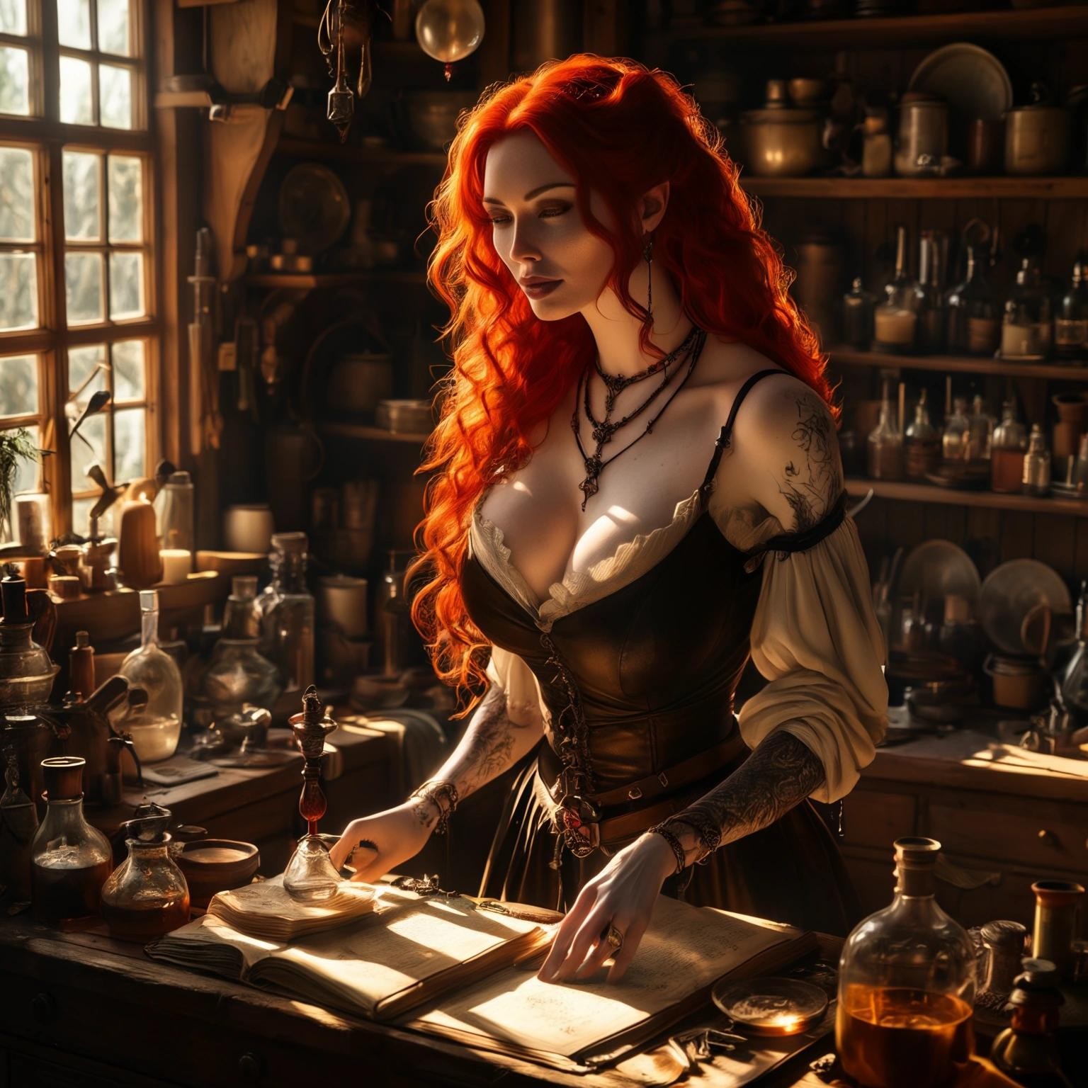 Image with seed 2144622481 generated via Stable Diffusion through @stablehorde@sigmoid.social. Prompt: A pale-skinned redhead, voluptuous, youthful witch in revealing clothes, working in her cottage kitchen crowded with equipment and spellbooks and amulets and crystals and flasks with potions. Very pale skin, freckles, wide hips, small breasts. Golden hour sunlight streaming in through the windows. Beautiful hands. 