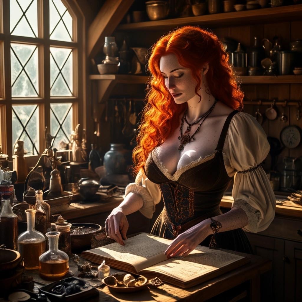 Image with seed 3016617263 generated via Stable Diffusion through @stablehorde@sigmoid.social. Prompt: A pale-skinned redhead, voluptuous, youthful witch in revealing clothes, working in her cottage kitchen crowded with equipment and spellbooks and amulets and crystals and flasks with potions. Very pale skin, freckles, wide hips, small breasts. Golden hour sunlight streaming in through the windows. Beautiful hands. 