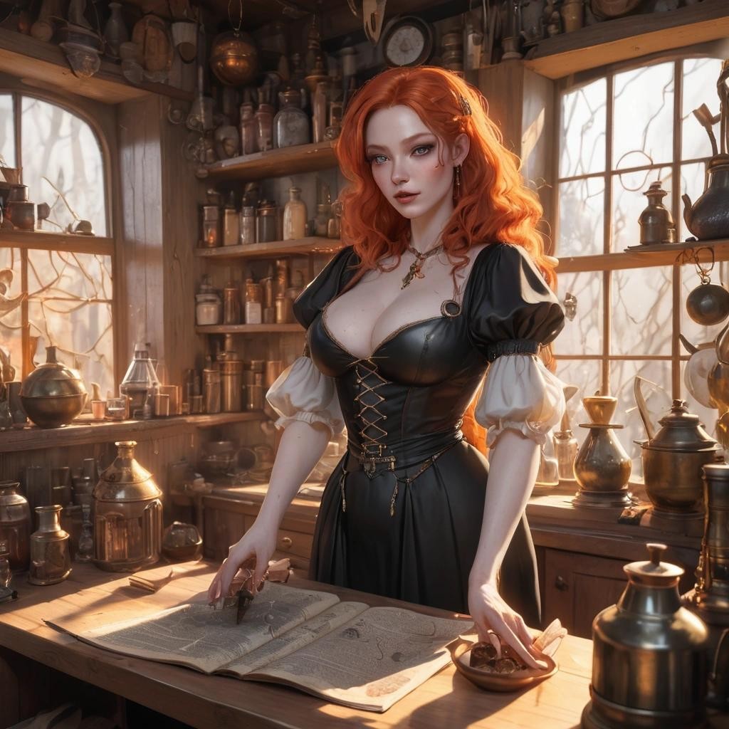 Image with seed 2256651092 generated via Stable Diffusion through @stablehorde@sigmoid.social. Prompt: A pale-skinned redhead, voluptuous, youthful witch in revealing clothes, working in her cottage kitchen crowded with equipment and spellbooks and amulets and crystals and flasks with potions. Very pale skin, freckles, wide hips, small breasts. Golden hour sunlight streaming in through the windows. Beautiful hands.