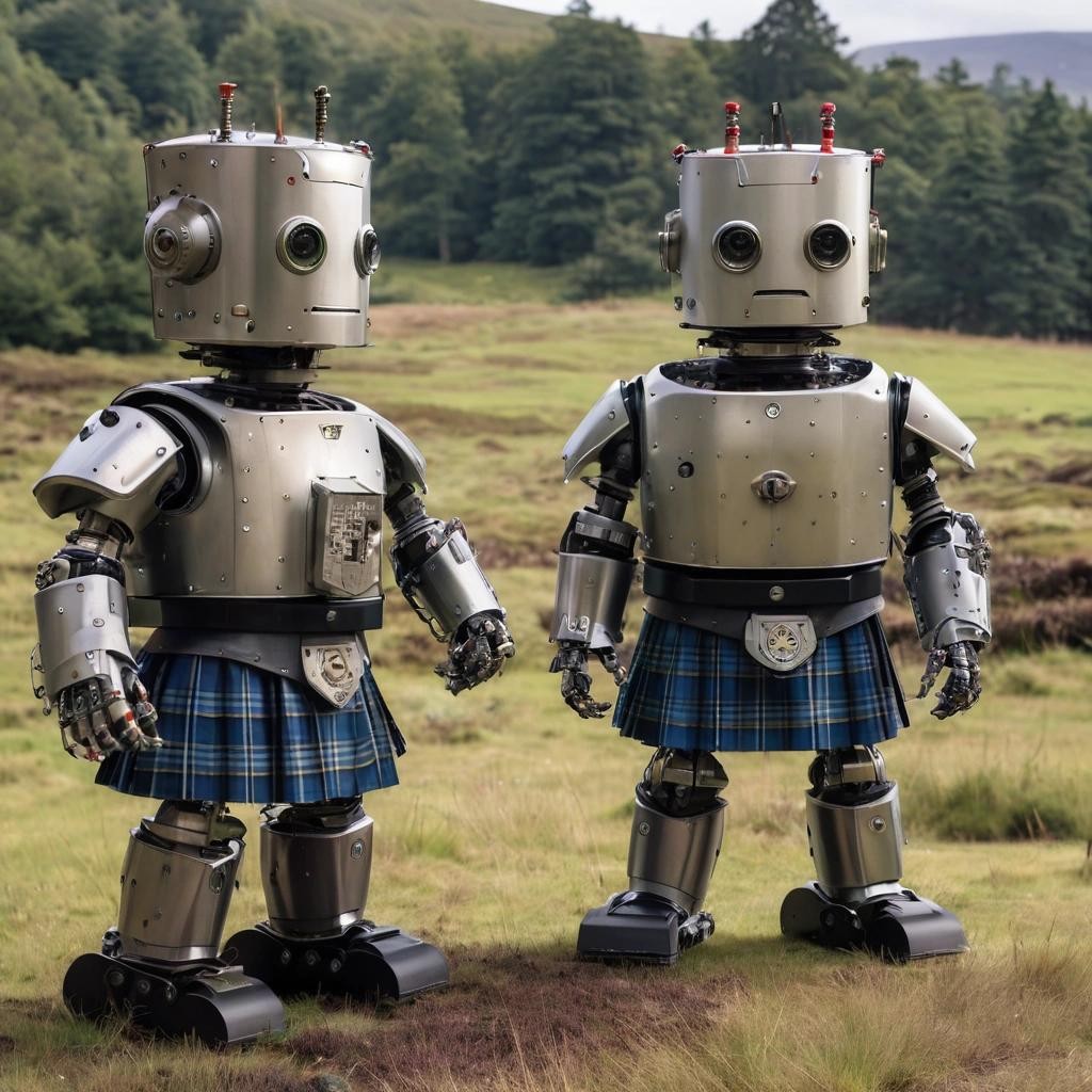 Image with seed 1551672063 generated via Stable Diffusion through @stablehorde@sigmoid.social. Prompt: Scottish robots wearing kilts in the Highlands