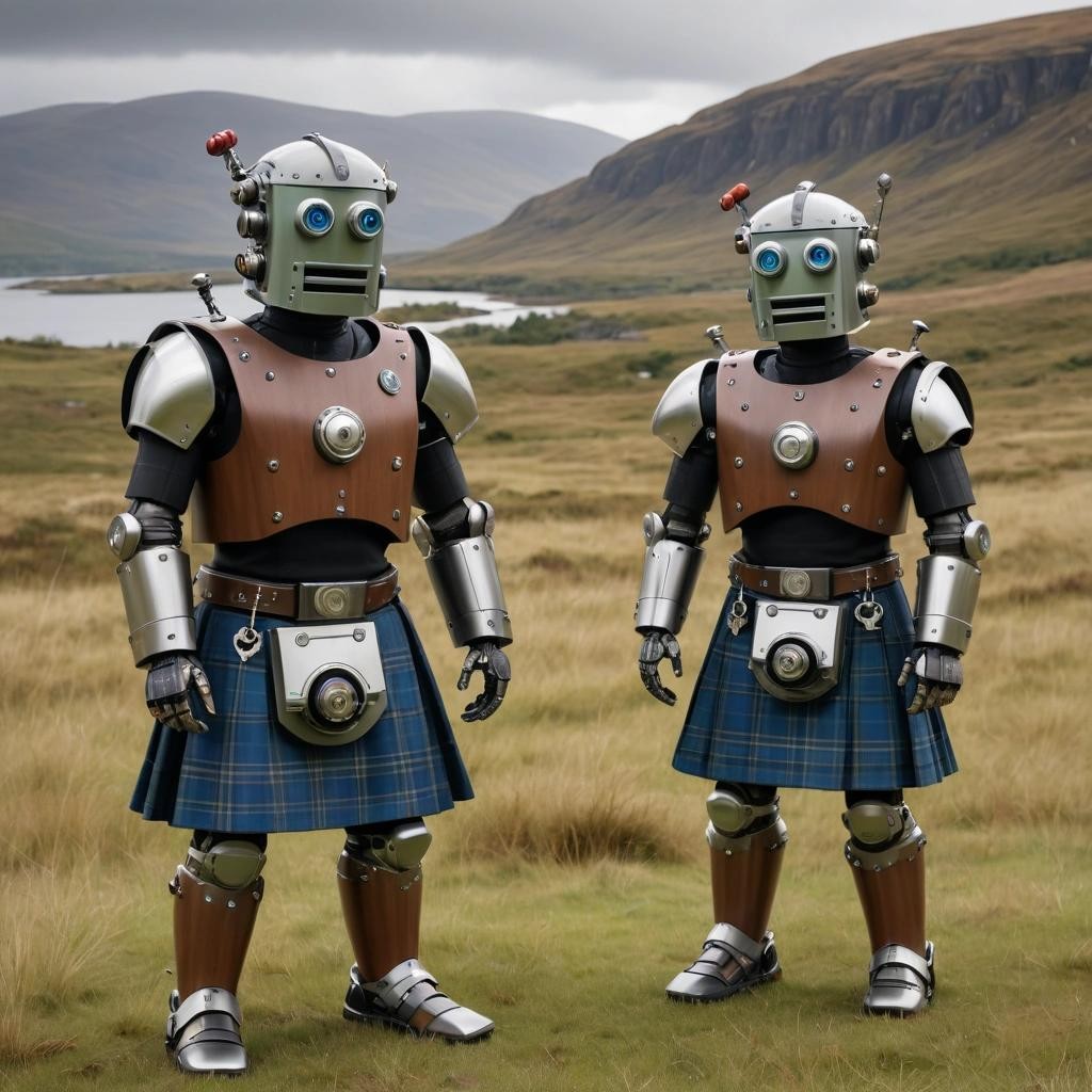Image with seed 1795618963 generated via Stable Diffusion through @stablehorde@sigmoid.social. Prompt: Scottish robots wearing kilts in the Highlands 