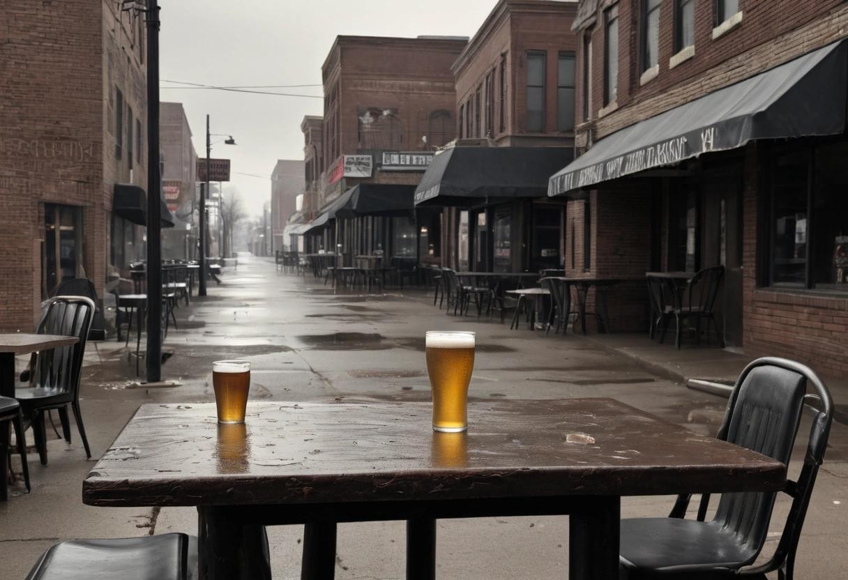Image with seed 1305739855 generated via Stable Diffusion through @stablehorde@sigmoid.social. Prompt: dystopian style a cold beer on a table at a sidewalk cafe in Bay City, Michigan.  . bleak, post-apocalyptic, somber, dramatic, highly detailed###,ugly, deformed, noisy, blurry, low contrast, cheerful, optimistic, vibrant, colorful