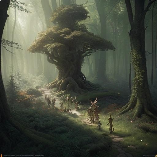 Image with seed 3960462619 generated via Stable Diffusion through @stablehorde@sigmoid.social. Prompt: a beautiful forest with elves , fantasy artwork, epic, detailed and intricate digital painting, trending on artstation, by wlop and greg rutkowski, octane render