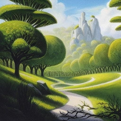 Image with seed 1275819992 generated via Stable Diffusion through @stablehorde@sigmoid.social. Prompt: a beautiful forest with elves , mtg card art