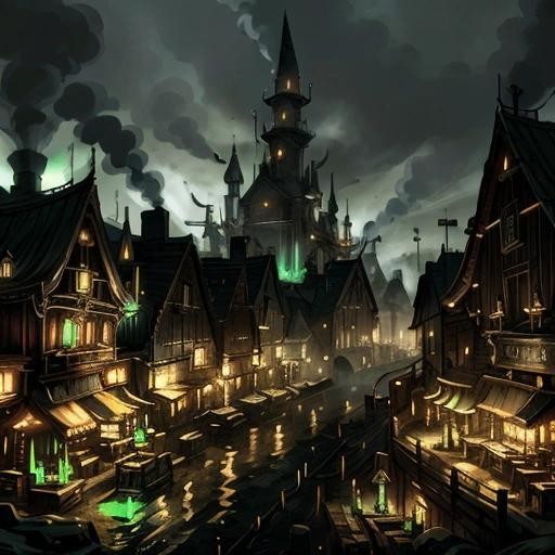 Image with seed 210988656 generated via Stable Diffusion through @stablehorde@sigmoid.social. Prompt: the town of Whiterun from Skyrim in the evening 