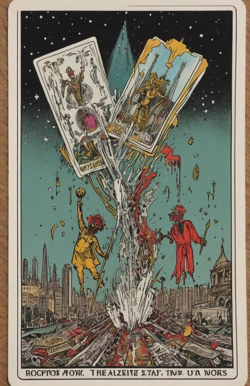 Image with seed 1027356271 generated via Stable Diffusion through @stablehorde@sigmoid.social. Prompt: ((A modern Tarot card)), falling apart capitalism ###photorealistic, cute, modern, simple, anime, plain, vector, lowres, cropped, limneart, cgi, 3d, antique