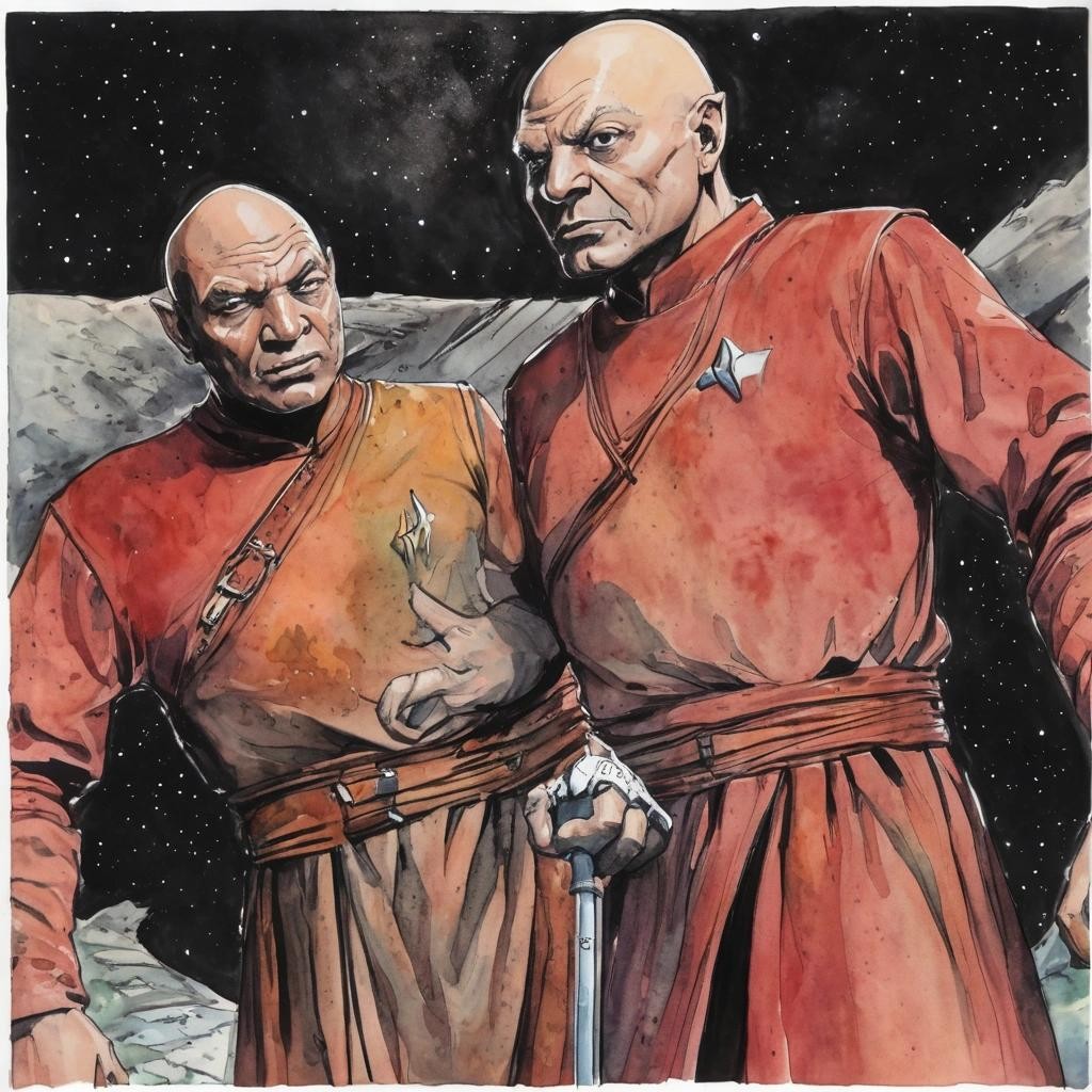 Image with seed 3546638095 generated via Stable Diffusion through @stablehorde@sigmoid.social. Prompt: Darmok and Jalad at Tanagra, comic book page, watercolour on black ink drawing, space opera, science fiction, Star Trek