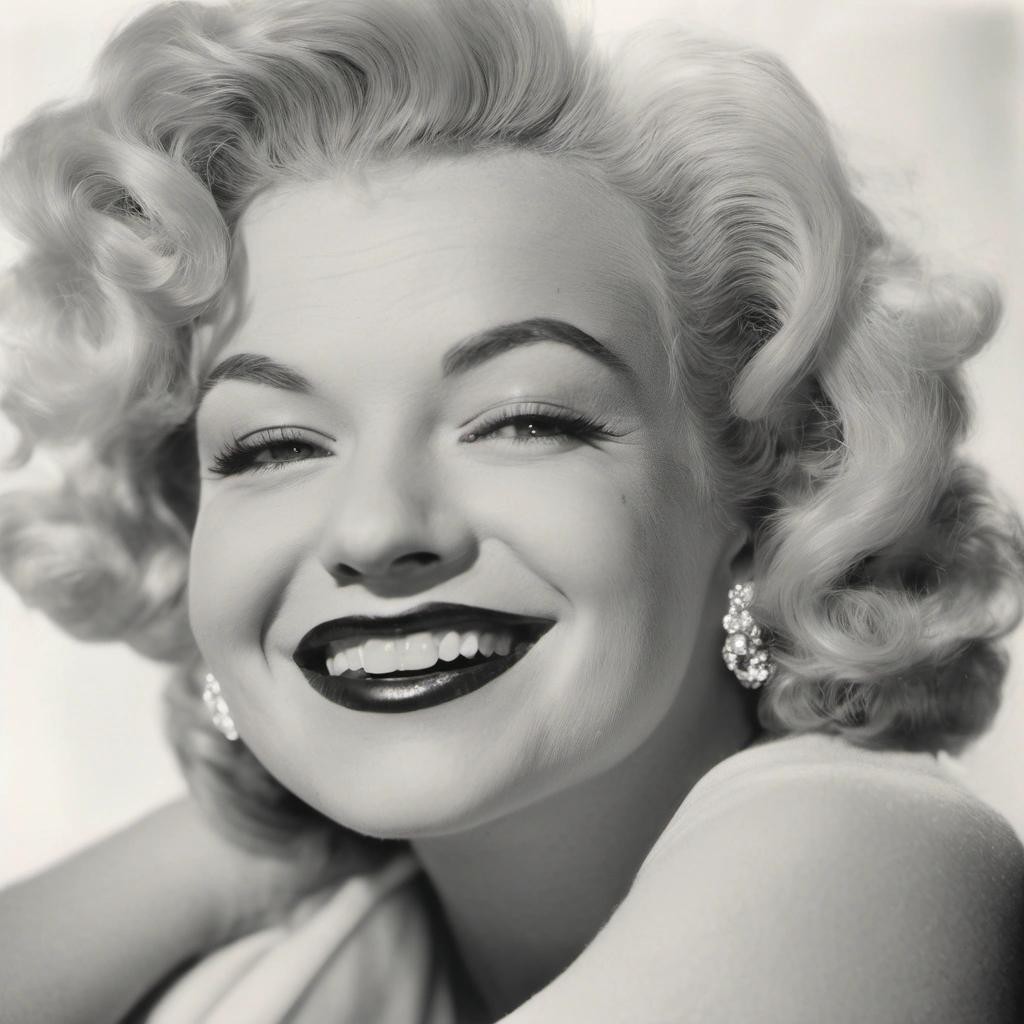 Image with seed 1375400148 generated via Stable Diffusion through @stablehorde@sigmoid.social. Prompt: a close up glamour portrait of Marilyn Monroe smiling 