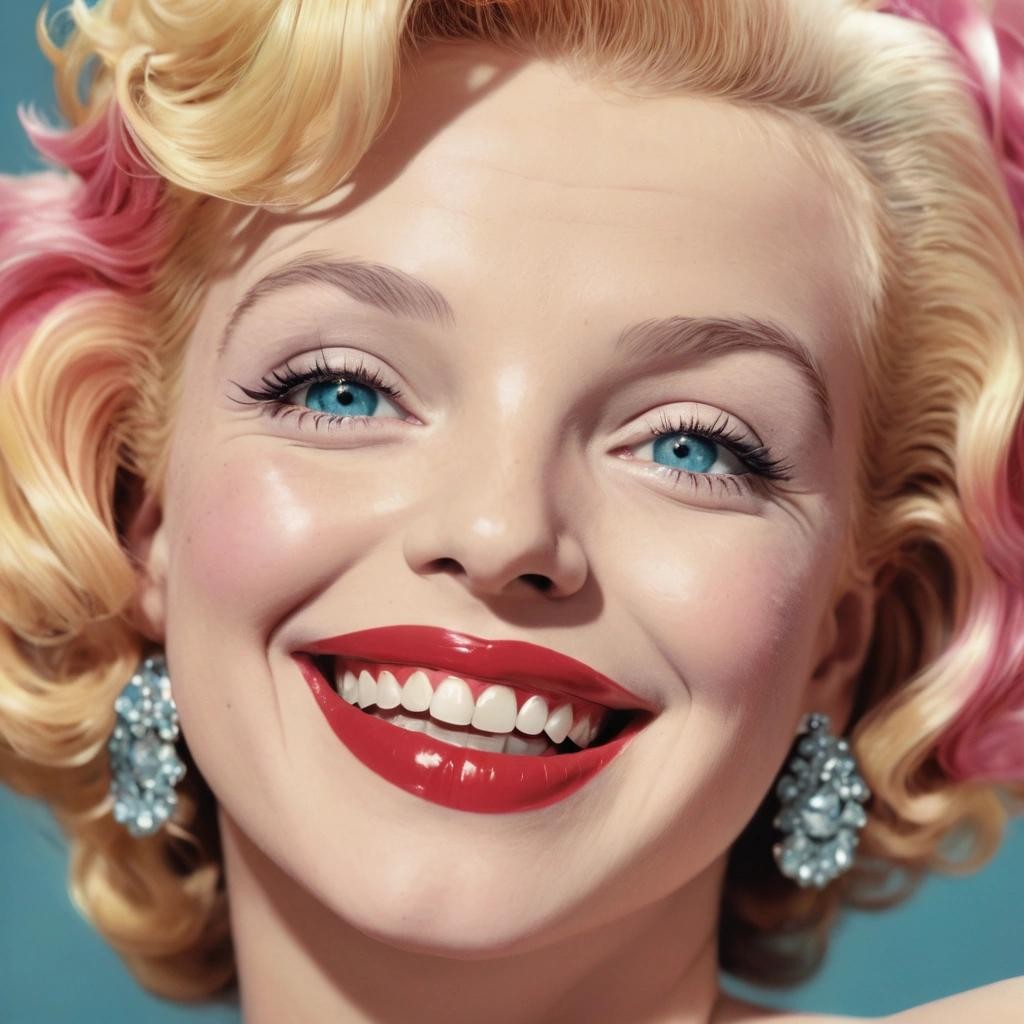 Image with seed 3363919885 generated via Stable Diffusion through @stablehorde@sigmoid.social. Prompt: a close up colored glamour portrait of Marilyn Monroe smiling 