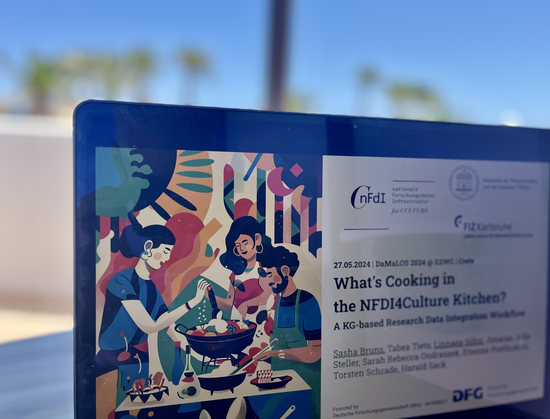 Cover Slide of our presentation, What's Cooking in the NFDI4Culture Kitchen? 
A KG-based Research Data Integration Workflow, by Sasha Bruns, Tabea Tietz, Linnaea Söhn, Jonatan Jalle Steller, Sarah Rebecca Ondraszek, Etienne Posthumus, Torsten Schrade, Harald Sack, for the DaMaLOS Workshop at ESWC 2024 in Crete...
