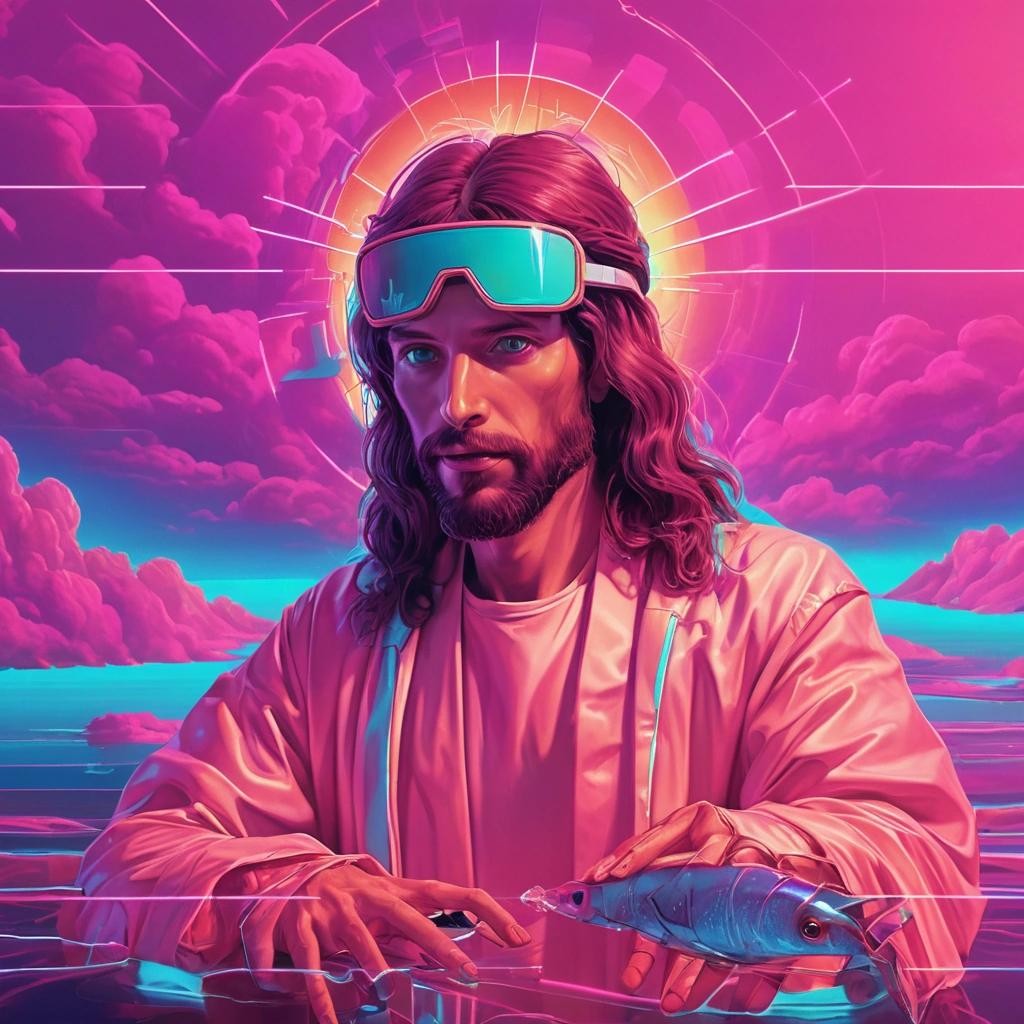 Image with seed 1533948273 generated via Stable Diffusion through @stablehorde@sigmoid.social. Prompt: jesus shrimp synthwave style