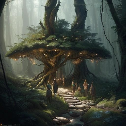 Image with seed 1433218285 generated via Stable Diffusion through @stablehorde@sigmoid.social. Prompt: a beautiful forest with elves , fantasy artwork, epic, detailed and intricate digital painting, trending on artstation, by wlop and greg rutkowski, octane render
