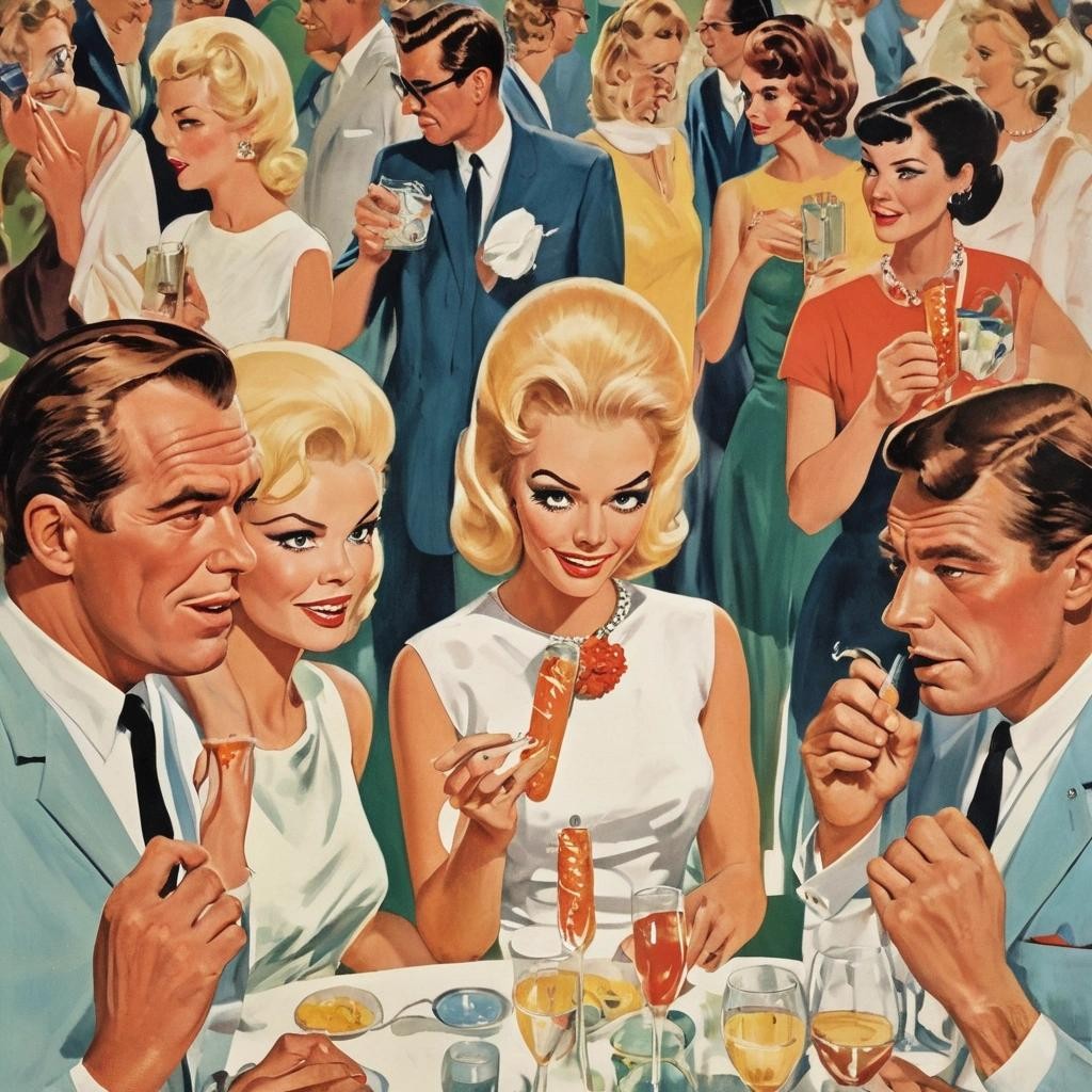 Image with seed 4107639219 generated via Stable Diffusion through @stablehorde@sigmoid.social. Prompt: Mandatory Fun, midcentury modern poster art of young white American people not enjoying themselves at all at a party, 1960s