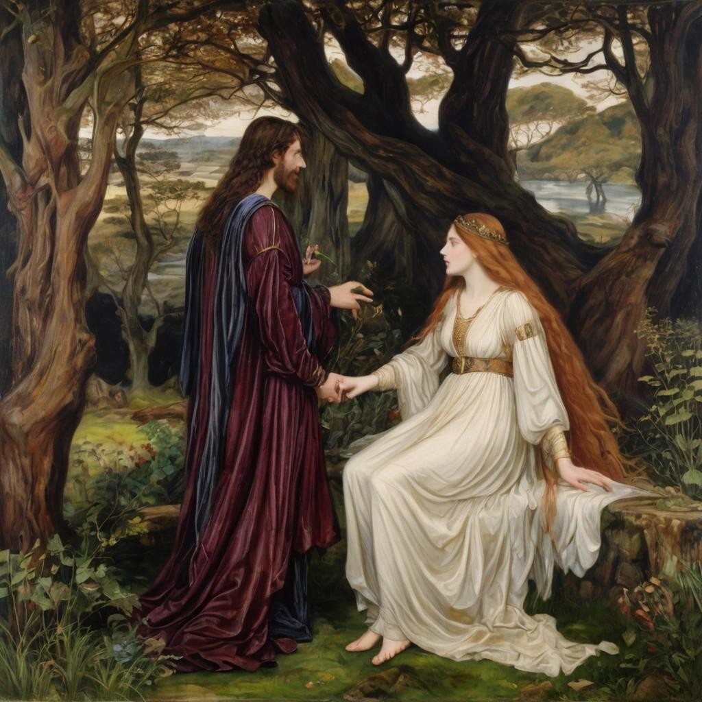 Image with seed 2450269814 generated via Stable Diffusion through @stablehorde@sigmoid.social. Prompt: A Pre-Raphaelite oil painting of Merlin and Nimue