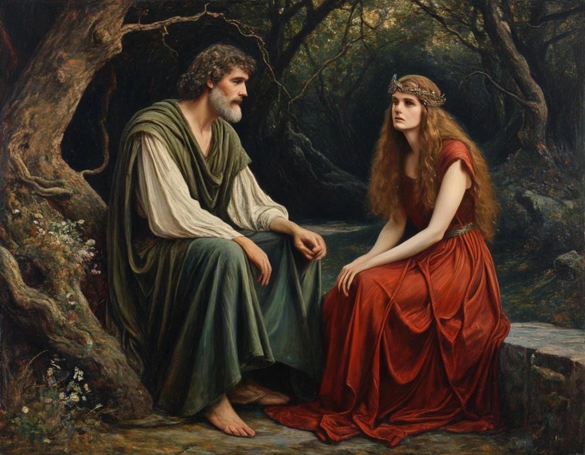 Image with seed 3649244322 generated via Stable Diffusion through @stablehorde@sigmoid.social. Prompt: A Pre-Raphaelite oil painting of Merlin and Nimue 