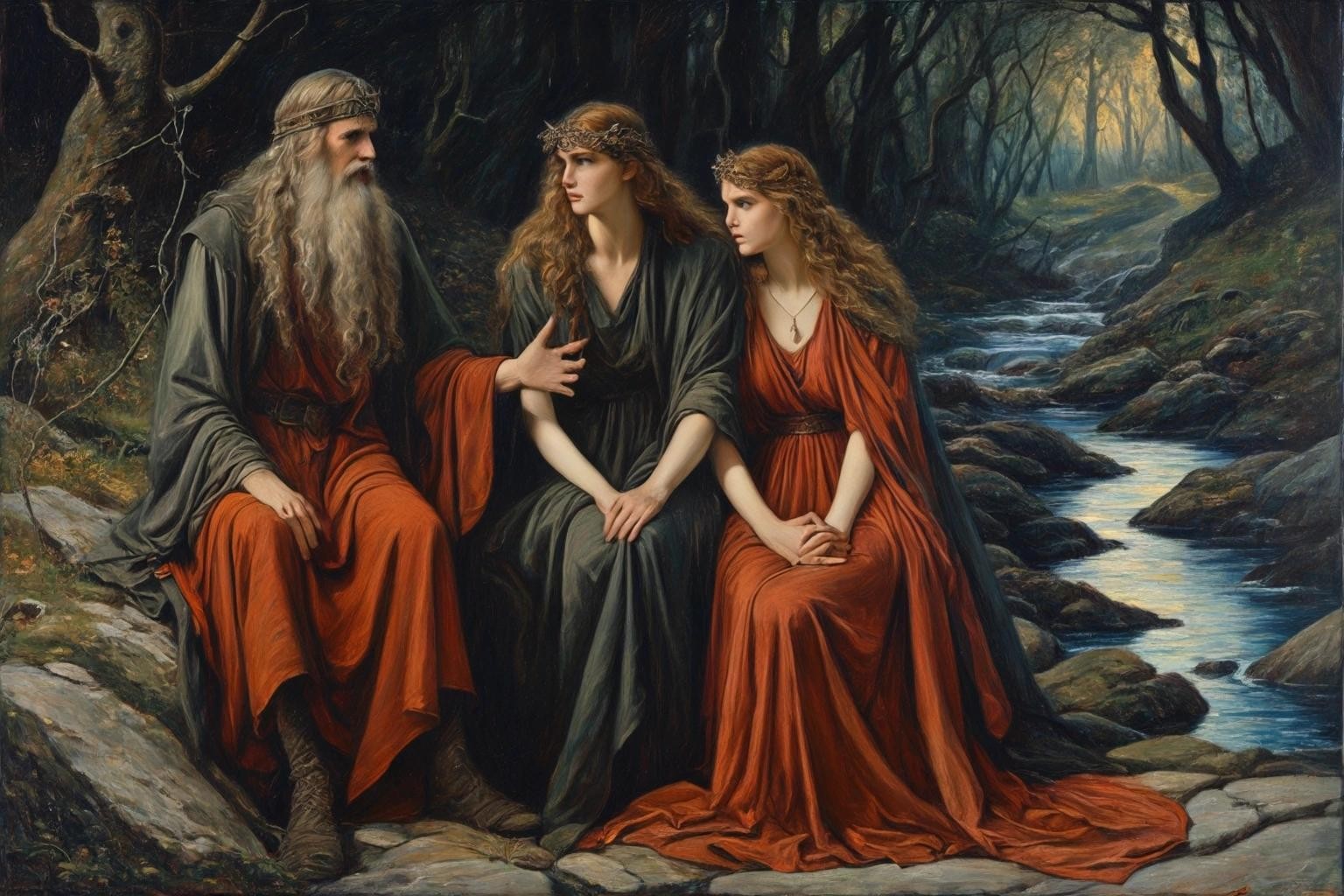 Image with seed 3075038649 generated via Stable Diffusion through @stablehorde@sigmoid.social. Prompt: A Pre-Raphaelite oil painting of Merlin and Nimue 
