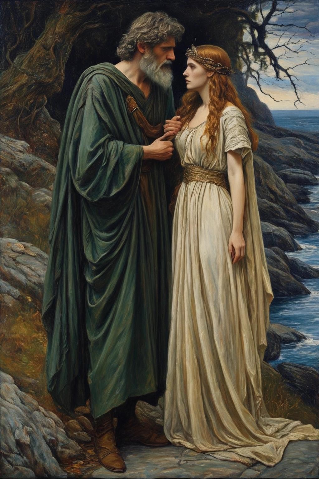 Image with seed 3958360713 generated via Stable Diffusion through @stablehorde@sigmoid.social. Prompt: A Pre-Raphaelite oil painting of Merlin and Nimue 