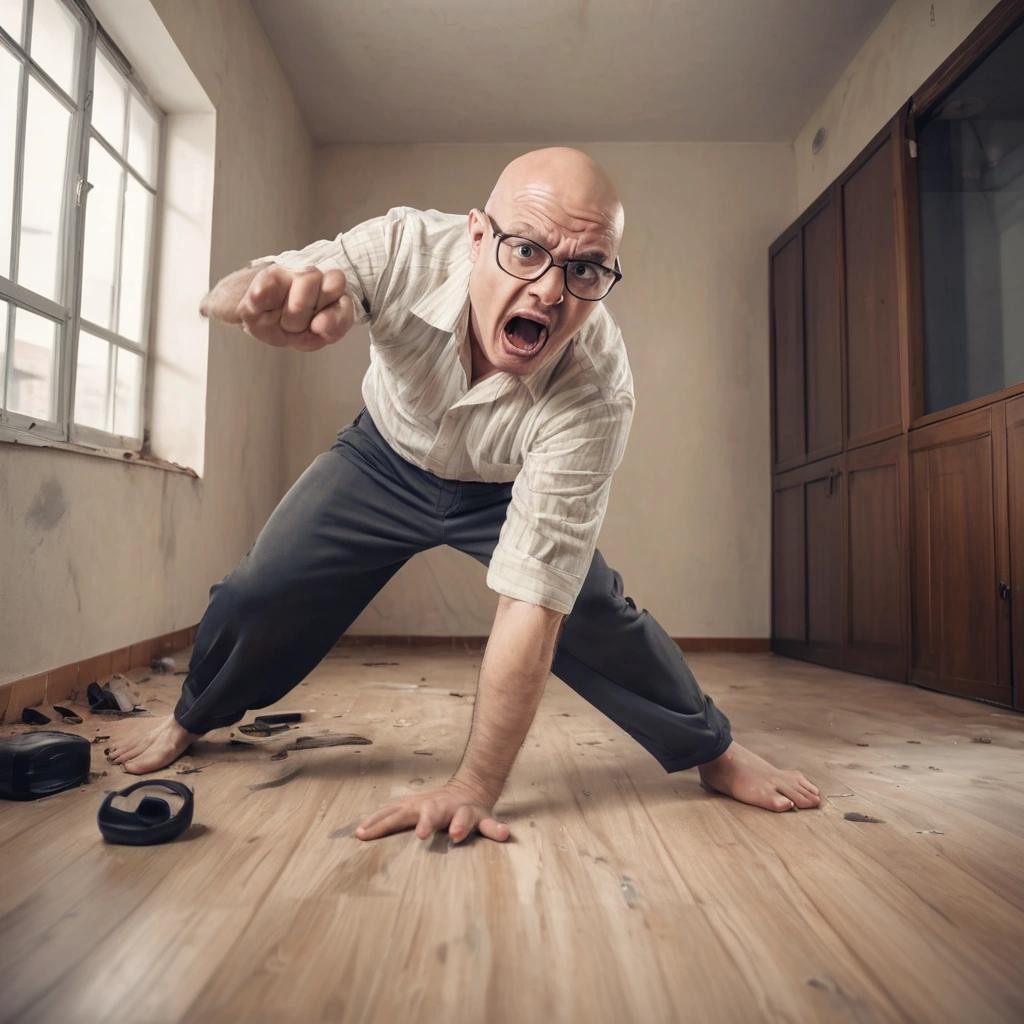 Image with seed 618573122 generated via Stable Diffusion through @stablehorde@sigmoid.social. Prompt: a very angry man punching the floor to bother his neighbors.  The man is wearing glasses and is bald.