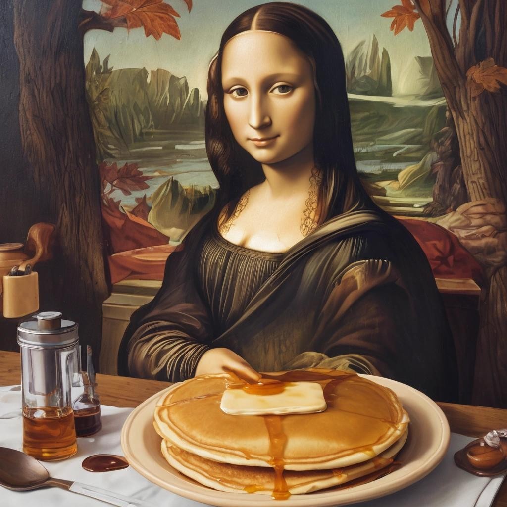 Image with seed 2997210974 generated via Stable Diffusion through @stablehorde@sigmoid.social. Prompt: mona lisa having pancakes and maple syrup