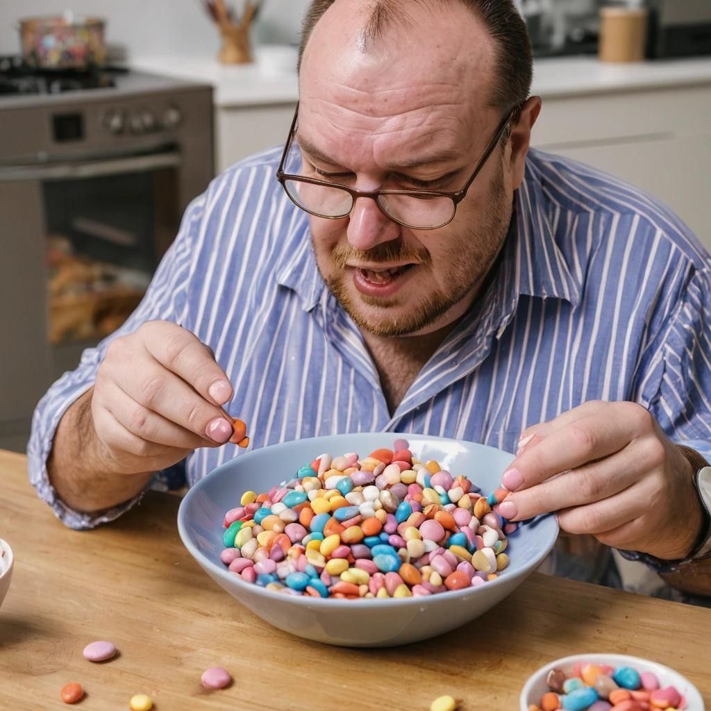 Image with seed 309146914 generated via Stable Diffusion through @stablehorde@sigmoid.social. Prompt: a fat kid taking a handful of smarties from a bowl.