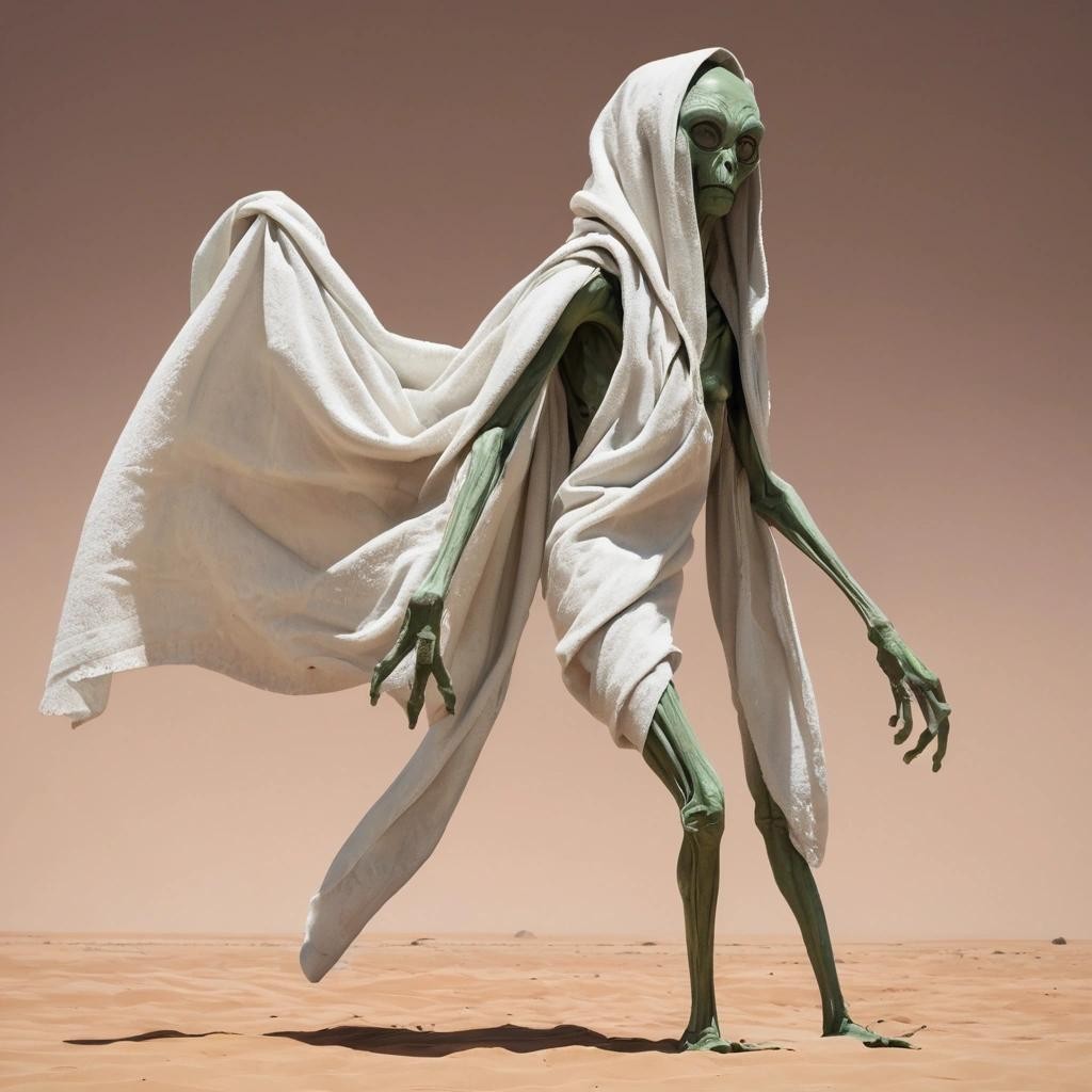 Image with seed 3398164392 generated via Stable Diffusion through @stablehorde@sigmoid.social. Prompt: a humanoid alien carrying a towel