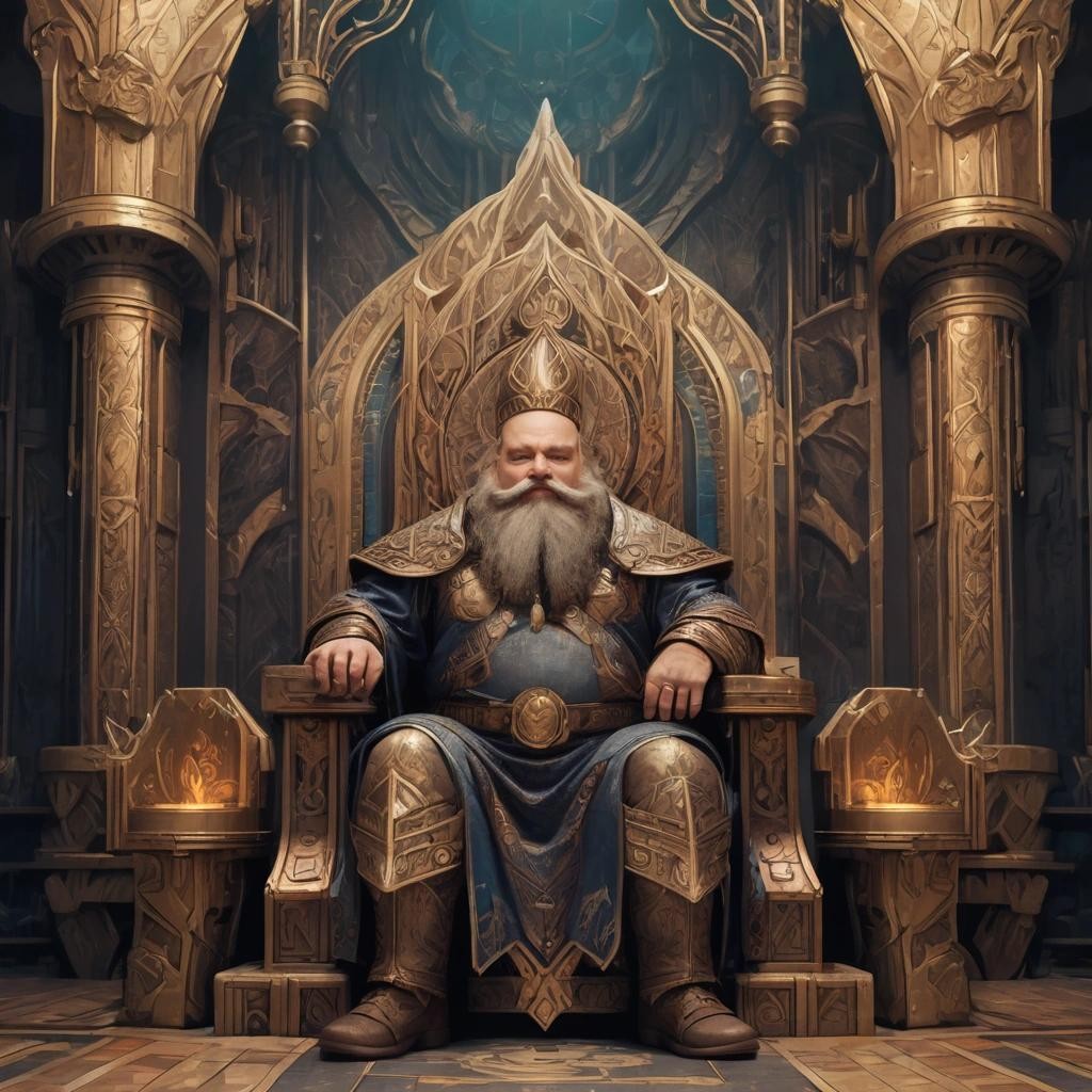 Image with seed 3321818246 generated via Stable Diffusion through @stablehorde@sigmoid.social. Prompt: Dwarf King sitting on his throne, art deco fantasy dwarven palace
