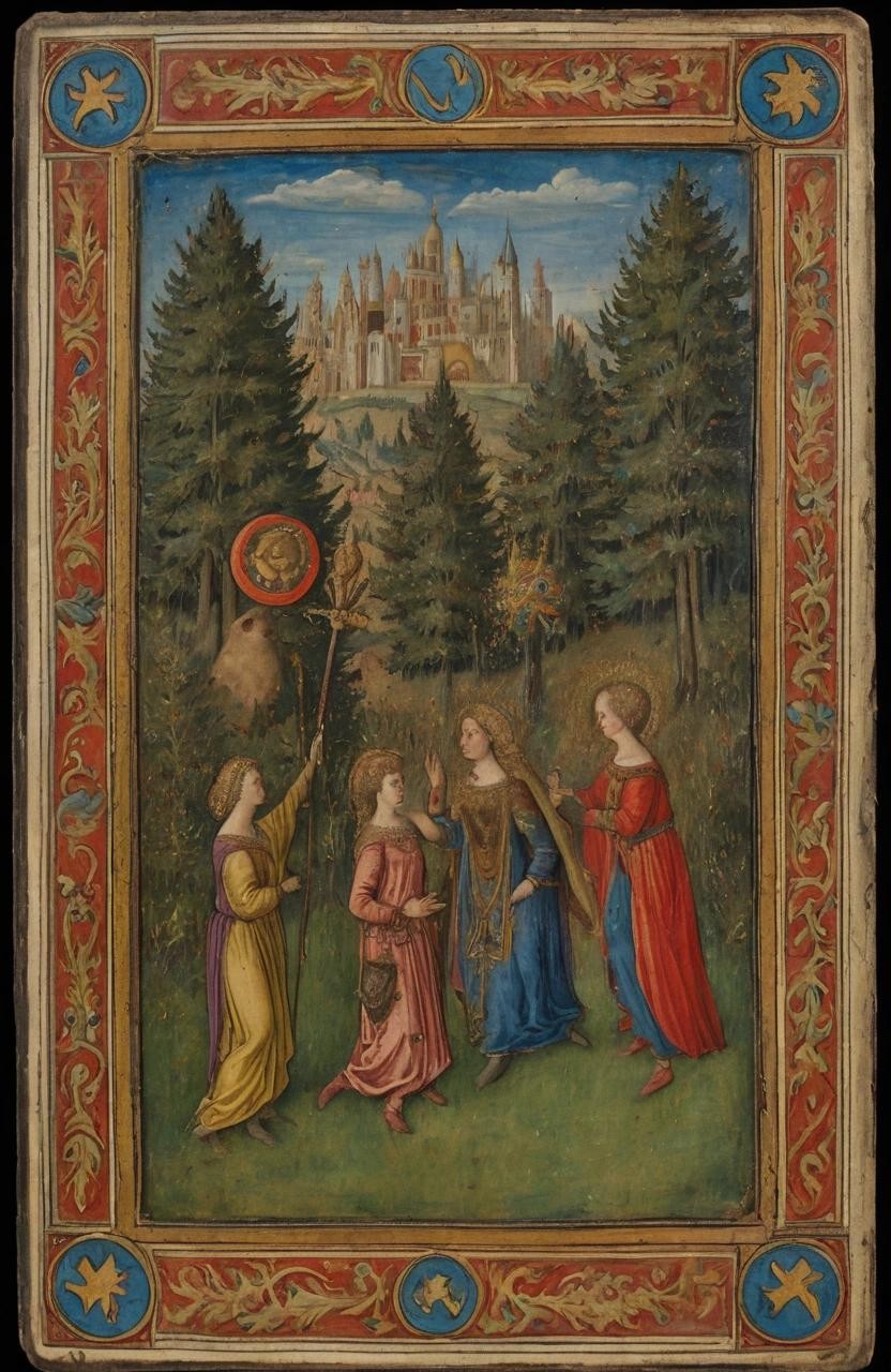 Image with seed 3864213511 generated via Stable Diffusion through @stablehorde@sigmoid.social. Prompt: A hand-painted 15th century Visconti-Sforza style Trionfi Tarot card, antique painting of The Fate of the Gods , with name below, detailed painting###photorealistic, cute, modern, simple, anime, plain, vector, lowres, cropped, limneart, cgi, 3d