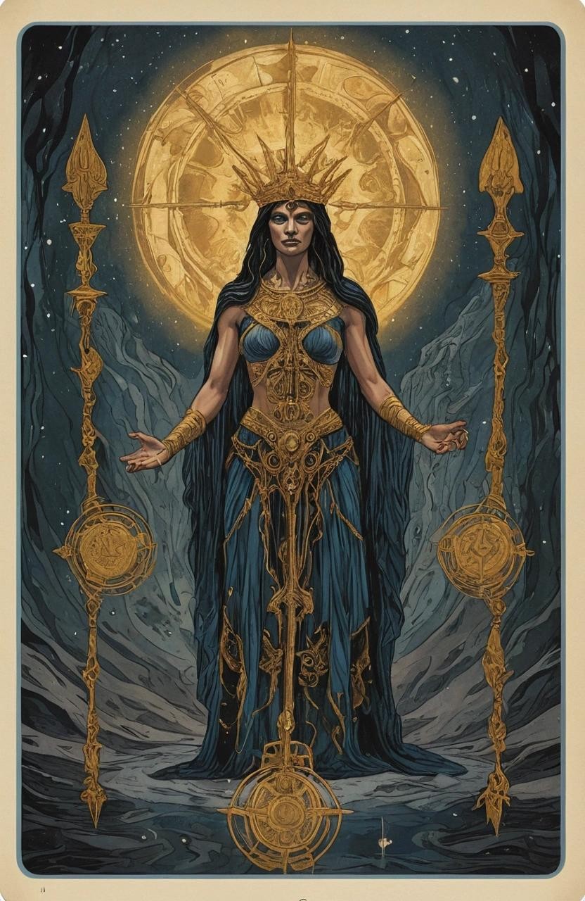 Image with seed 1741198486 generated via Stable Diffusion through @stablehorde@sigmoid.social. Prompt: ((A modern Tarot card)), The Fate of the Gods ###photorealistic, cute, modern, simple, anime, plain, vector, lowres, cropped, limneart, cgi, 3d, antique