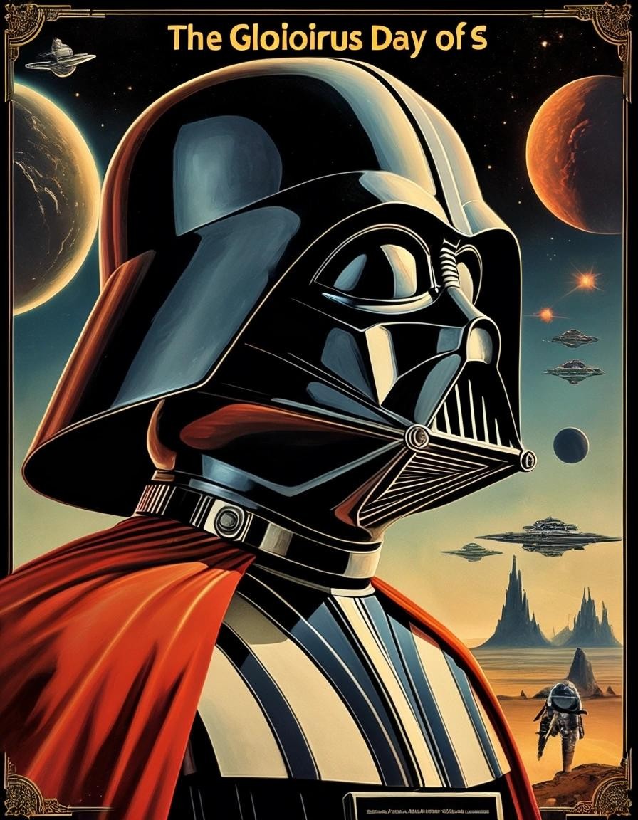 Image with seed 2852882722 generated via Stable Diffusion through @stablehorde@sigmoid.social. Prompt:  The Glorious Days of the Galactic Empire elegant, extremely detailed, fantasy, science fiction, space opera, intricate, beautiful, hyperrealistic, high definition, colourful, anatomically correct, movie poster, pulp magazine art 