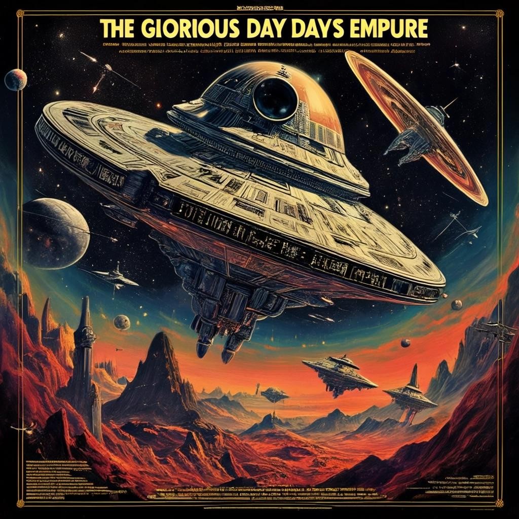 Image with seed 2154925422 generated via Stable Diffusion through @stablehorde@sigmoid.social. Prompt:  The Glorious Days of the Galactic Empire elegant, extremely detailed, fantasy, science fiction, space opera, intricate, beautiful, hyperrealistic, high definition, colourful, anatomically correct, movie poster, pulp magazine art 