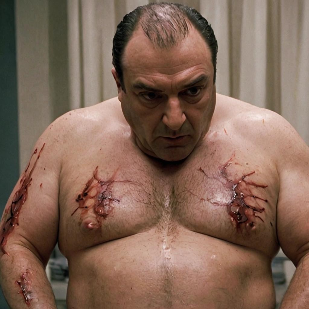 Image with seed 329235624 generated via Stable Diffusion through @stablehorde@sigmoid.social. Prompt: Tony Soprano revealing he is the Terminator underneath the skin of his arm