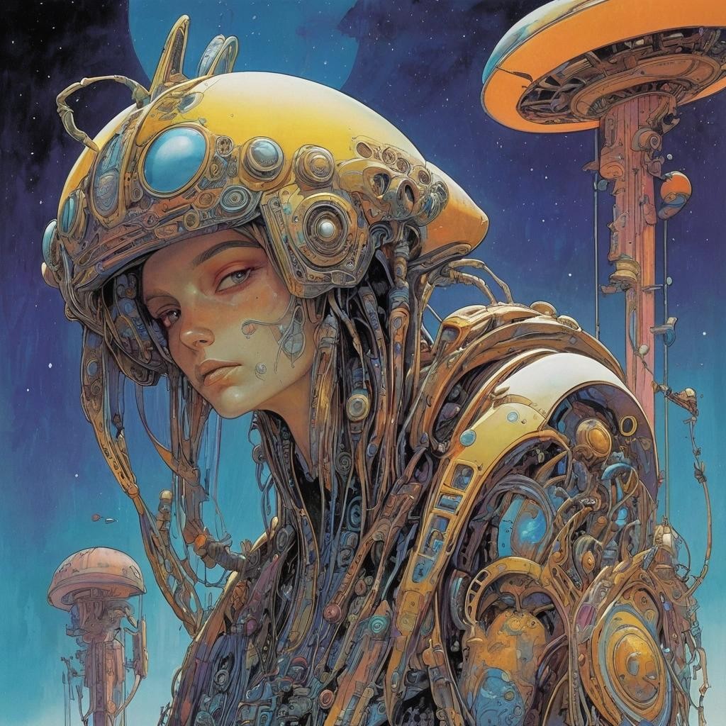 Image with seed 1601223565 generated via Stable Diffusion through @stablehorde@sigmoid.social. Prompt: Forgotten Future's Spirit of Misfortune,  Futuristic Sci-Fi Biopunk Art Nouveau, Moebius, Enki Bilal, psychedelic, magic mushrooms